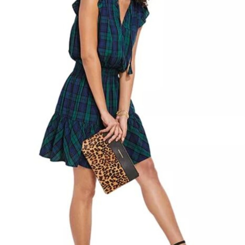 Vineyard Vines Green/Blue Plaid Ruffle Cap Sleeve Dress Size XL-see measurements